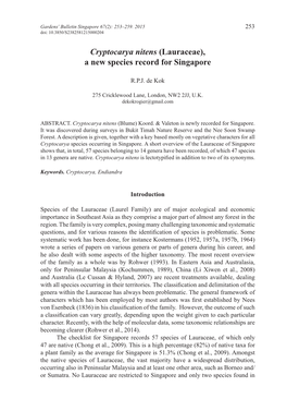 Cryptocarya Nitens (Lauraceae), a New Species Record for Singapore