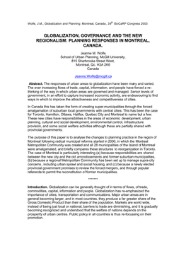 Globalization, Governance and the New Regionalism: Planning Responses in Montreal, Canada