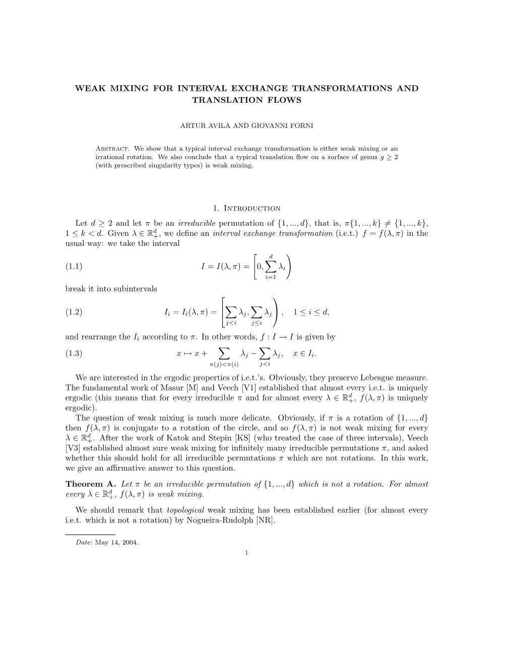 Weak Mixing for Interval Exchange Transformations and Translation Flows