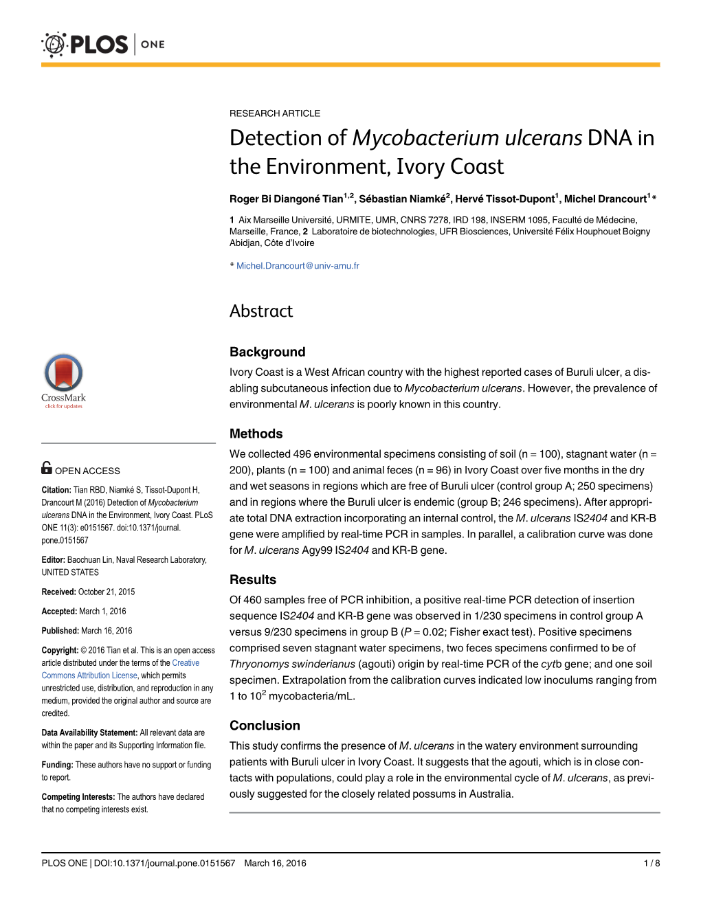 Detection of Mycobacterium Ulcerans DNA in the Environment, Ivory Coast