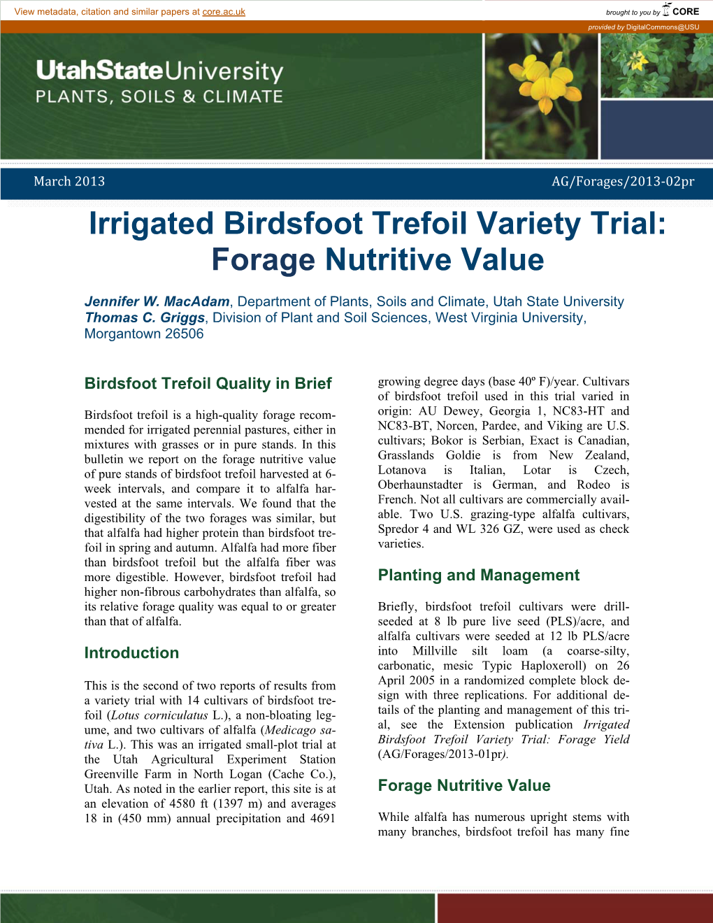 Irrigated Birdsfoot Trefoil Variety Trial: Forage Nutritive Value