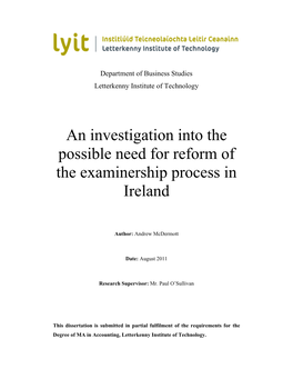 An Investigation Into the Possible Need for Reform of the Examinership Process in Ireland