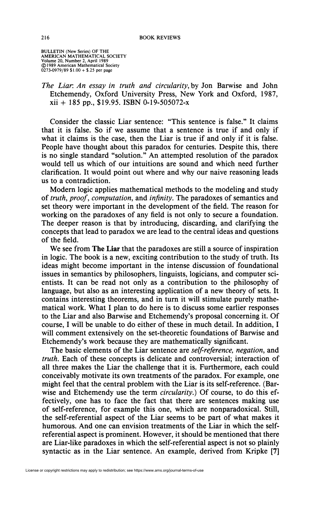 The Liar: an Essay in Truth and Circularity, by Jon Barwise and John Etchemendy, Oxford University Press, New York and Oxford, 1987, Xii + 185 Pp., $19.95