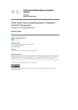 South Asia Multidisciplinary Academic Journal, 10 | 2014 from South Asia to Southasianism: a Nepalese Activist’S Perspective 2