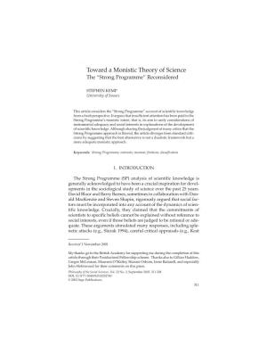 Toward a Monistic Theory of Science the “Strong Programme” Reconsidered