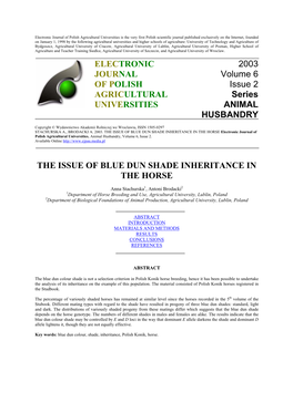 BLUE DUN SHADE INHERITANCE in the HORSE Electronic Journal of Polish Agricultural Universities, Animal Husbandry, Volume 6, Issue 2