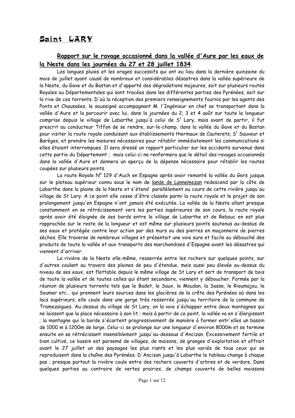 Rapport Sur Le Ravage Occasionné Dans La Vallée D'aure Par Les Eaux De La Neste Dans Les Journées Du 27 Et 28 Juillet 1834