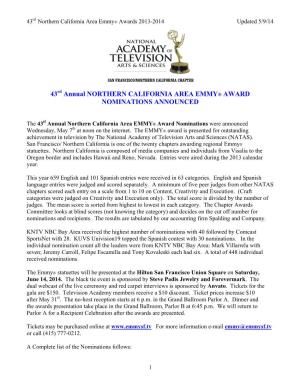 43 Annual NORTHERN CALIFORNIA AREA EMMY® AWARD NOMINATIONS ANNOUNCED