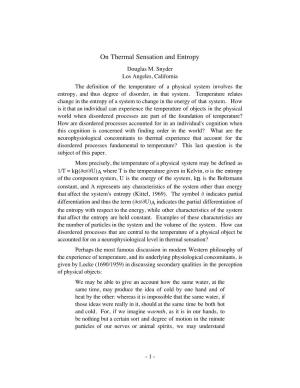 On Thermal Sensation and Entropy Douglas M