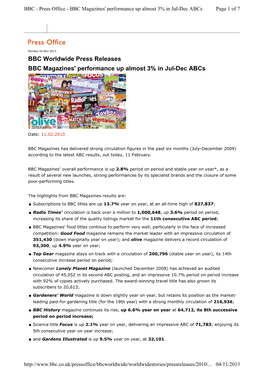 BBC Worldwide Press Releases BBC Magazines' Performance up Almost 3% in Jul-Dec Abcs