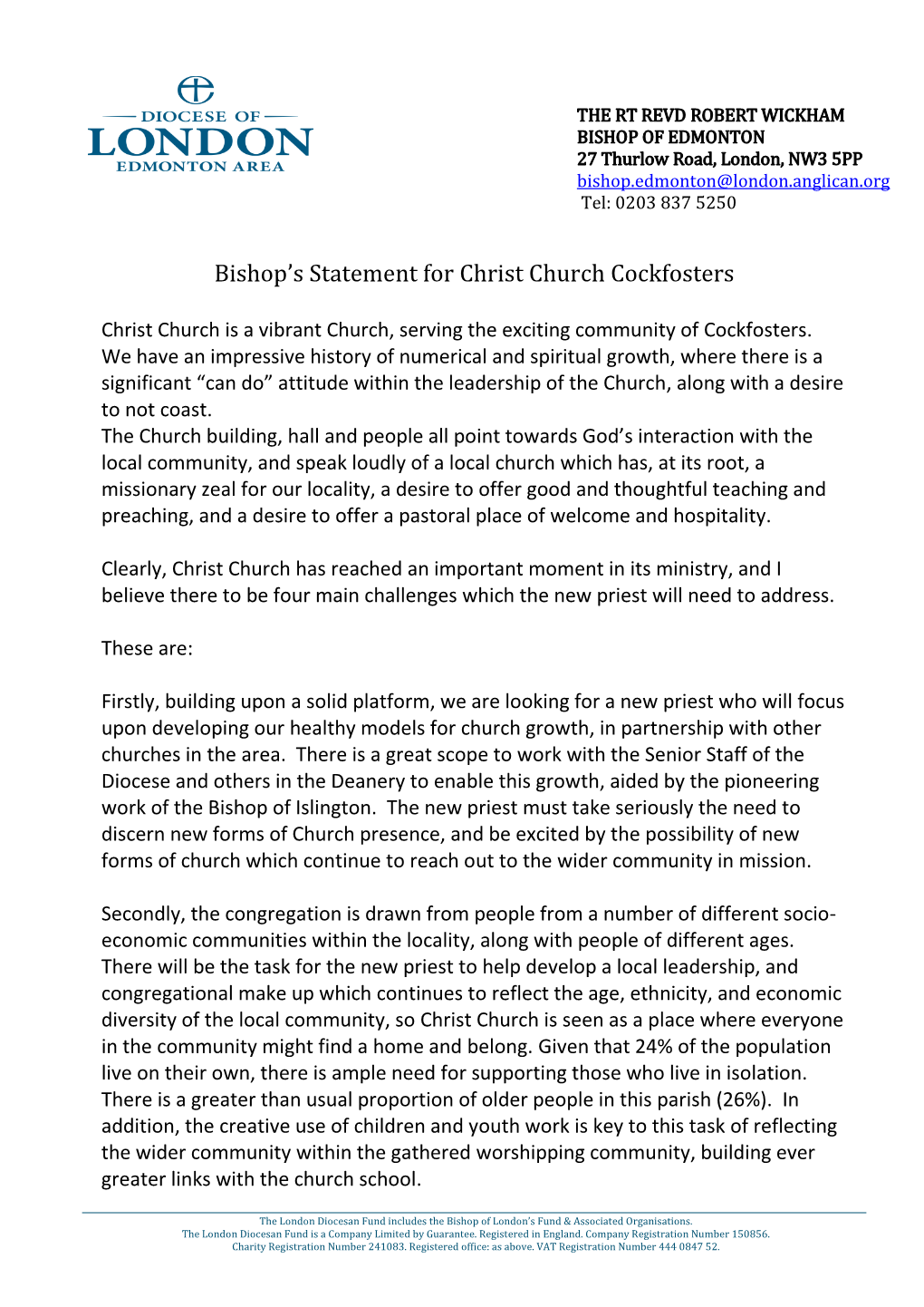 Bishop's Statement for Christ Church Cockfosters
