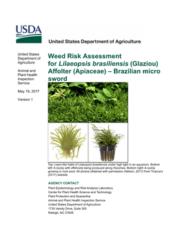 Weed Risk Assessment for Lilaeopsis Brasiliensis (Glaziou) Affolter (Apiaceae) – Brazilian Micro Sword
