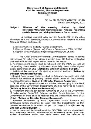 Government of Jammu and Kashmir Civil Secretariat, Finance Department Jammu/Srinagar Dated: 16Th August, 2021 Subject: Minutes O