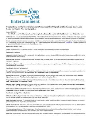 Chicken Soup for the Soul Entertainment Announces New Originals and Exclusives, Movies, and Series for Crackle Plus for September