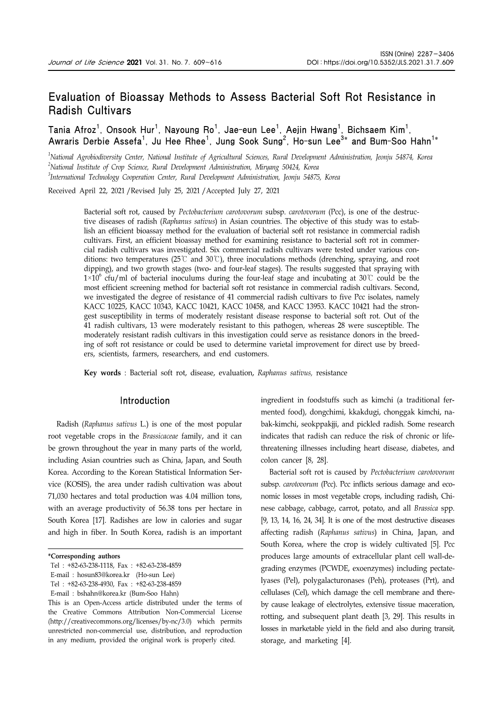 Evaluation of Bioassay Methods to Assess Bacterial Soft Rot Resistance in Radish Cultivars