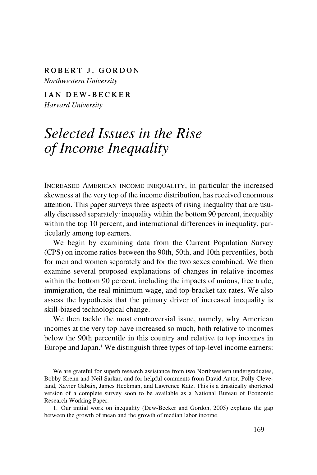 Selected Issues in the Rise of Income Inequality