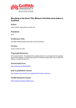 Knocking at the Door? the Women's Portfolio from Labor to the Coalition