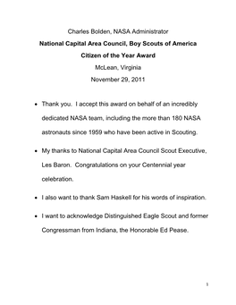 Charles Bolden, NASA Administrator National Capital Area Council, Boy Scouts of America Citizen of the Year Award Mclean, Virginia November 29, 2011