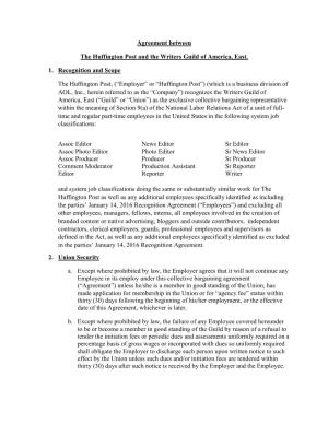 Agreement Between the Huffington Post and the Writers Guild Of