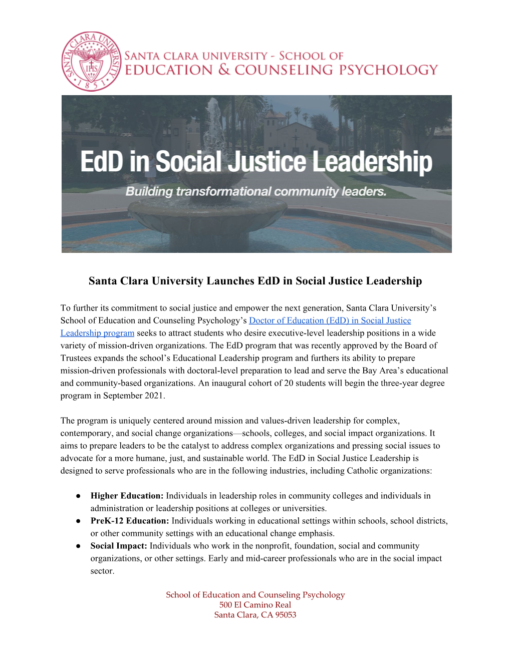 Santa Clara University Launches Edd in Social Justice Leadership