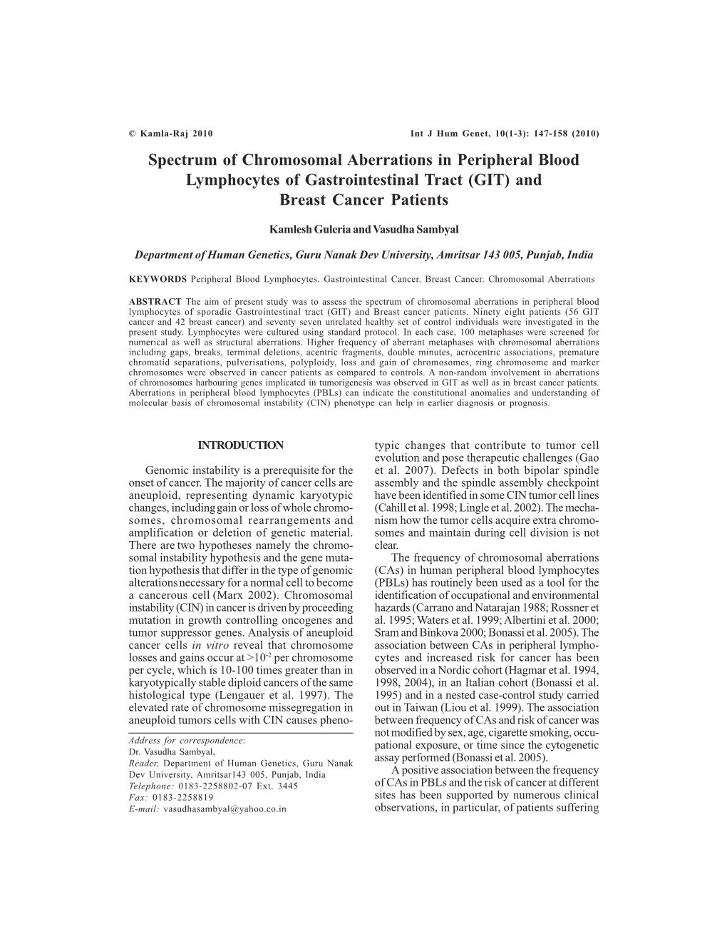 Spectrum of Chromosomal Aberrations in Peripheral Blood Lymphocytes of Gastrointestinal Tract (GIT) and Breast Cancer Patients