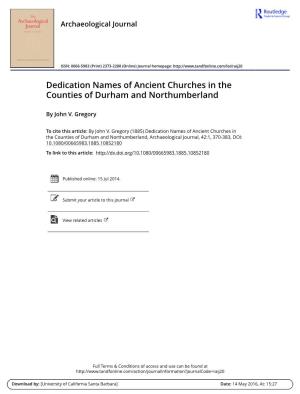Dedication Names of Ancient Churches in the Counties of Durham and Northumberland
