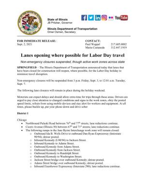 Lanes Opening Where Possible for Labor Day Travel