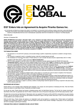 EG7 Enters Into an Agreement to Acquire Piranha Games Inc