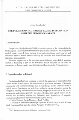 The Polish Capital Market Facing Integration with the European Market