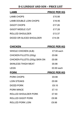 D G Lindsay and Son – Price List