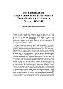 Incompatible Allies: Greek Communism and Macedonian Nationalism in the Civil War in Greece, 1943-1949