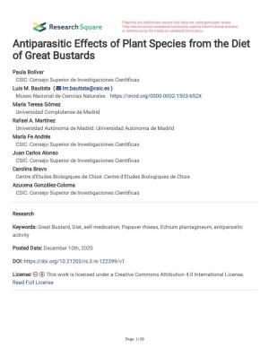 Antiparasitic Effects of Plant Species from the Diet of Great Bustards
