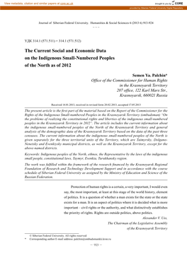 The Current Social and Economic Data on the Indigenous Small-Numbered Peoples of the North As of 2012