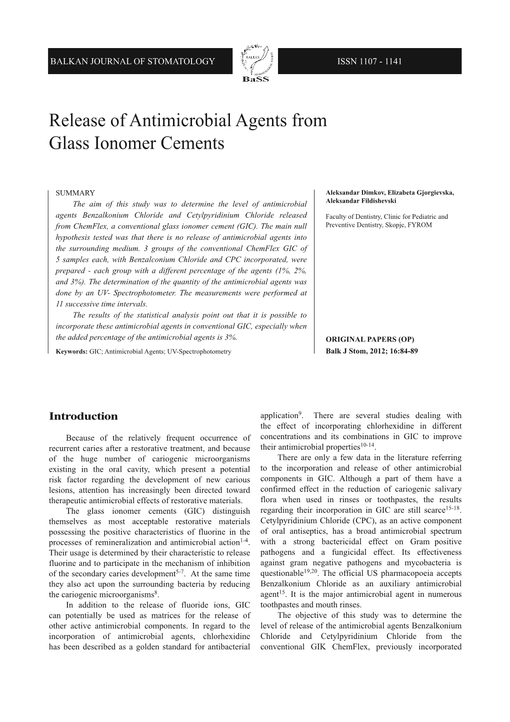 Release of Antimicrobial Agents from Glass Ionomer Cements