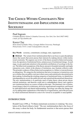 The Choice-Within-Constraints New Institutionalism and Implications for Sociology