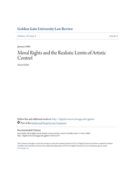 Moral Rights and the Realistic Limits of Artistic Control Susan Rabin