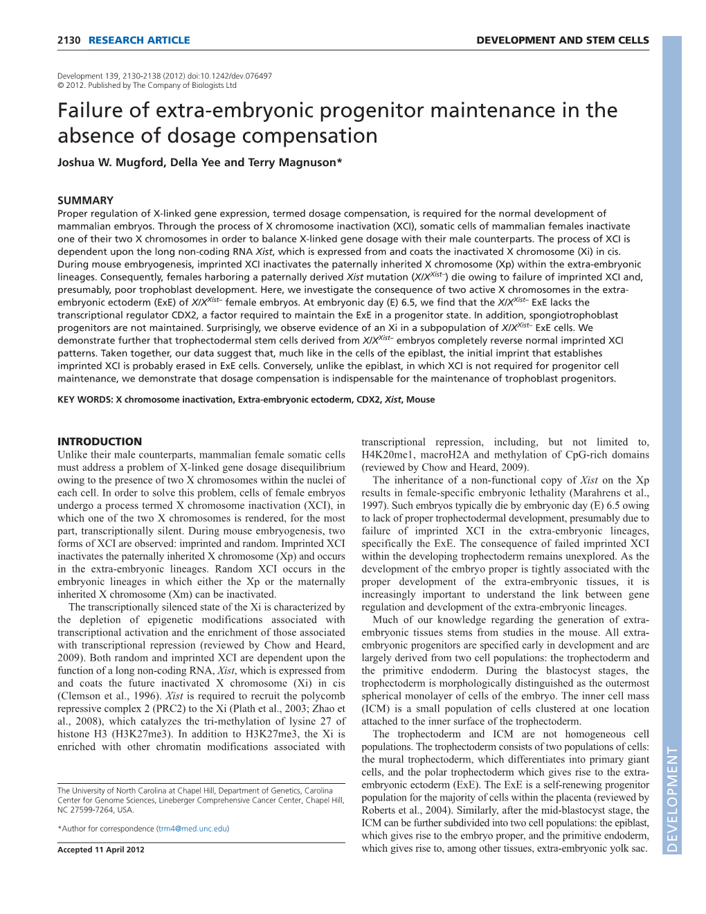 Failure of Extra-Embryonic Progenitor Maintenance in the Absence of Dosage Compensation Joshua W