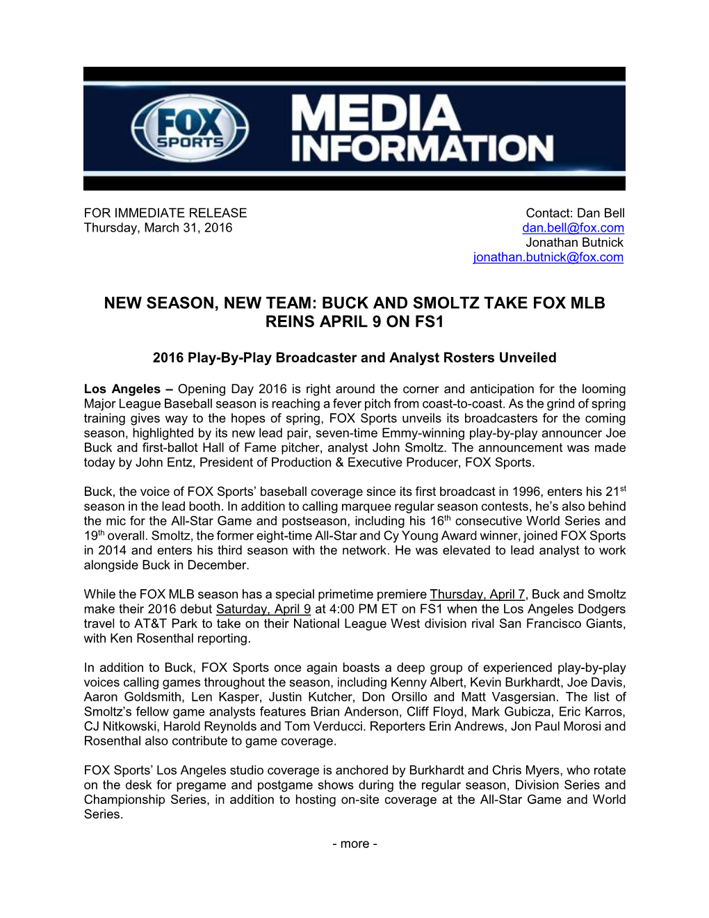 New Season, New Team: Buck and Smoltz Take Fox Mlb Reins April 9 on Fs1