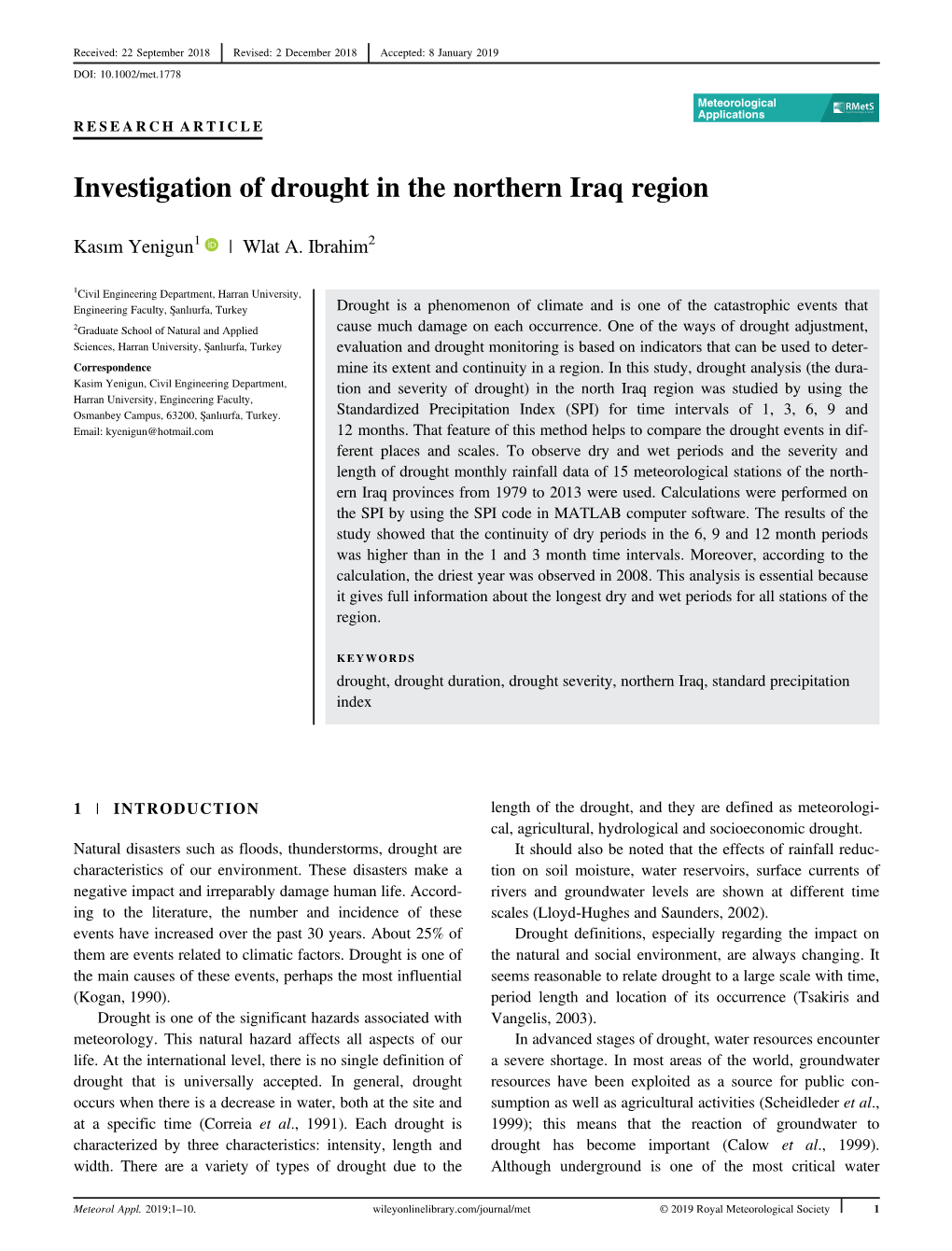 Investigation of Drought in the Northern Iraq Region