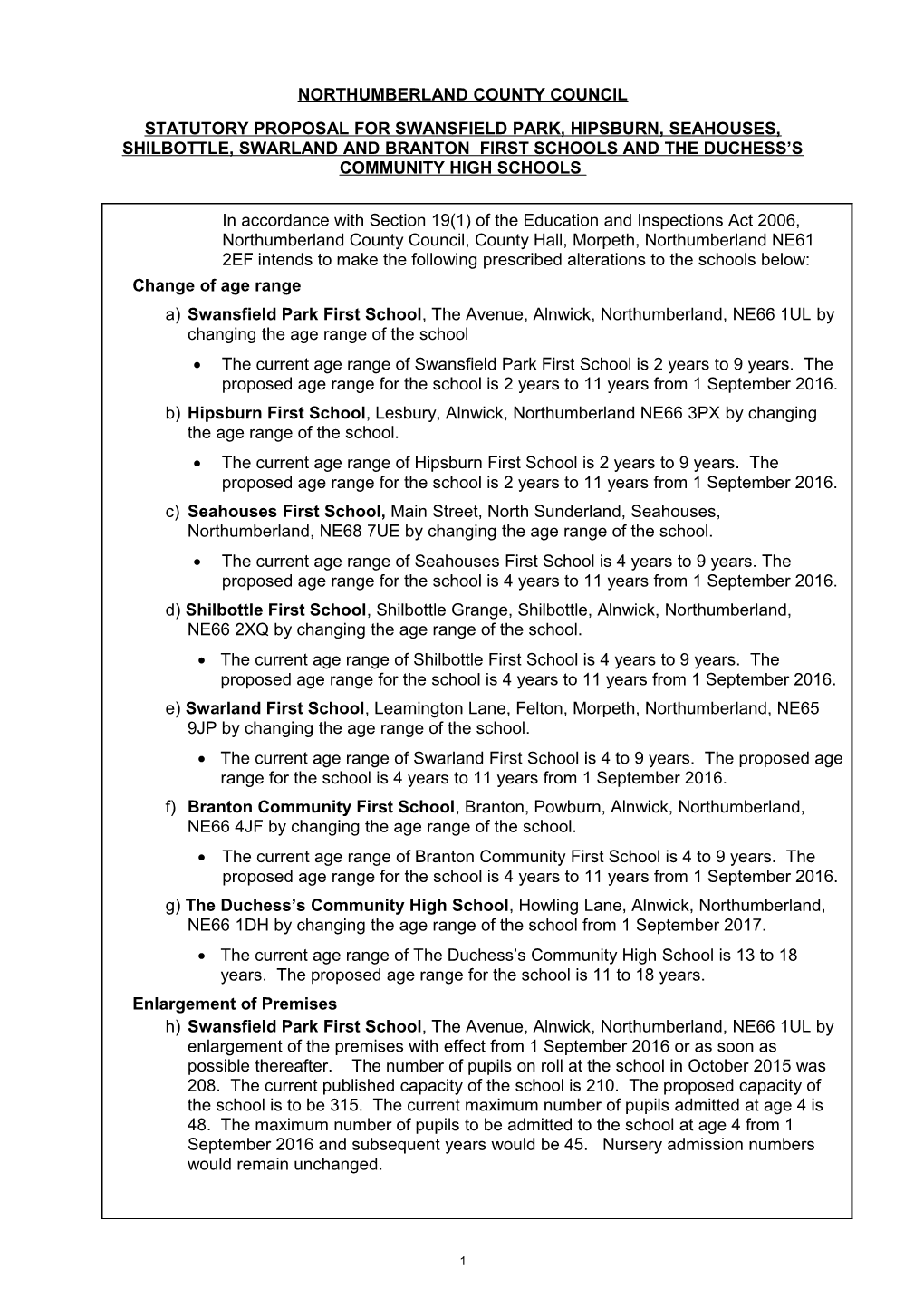 Matters to Be Specified in Section 15 Proposals to Discontinue a School