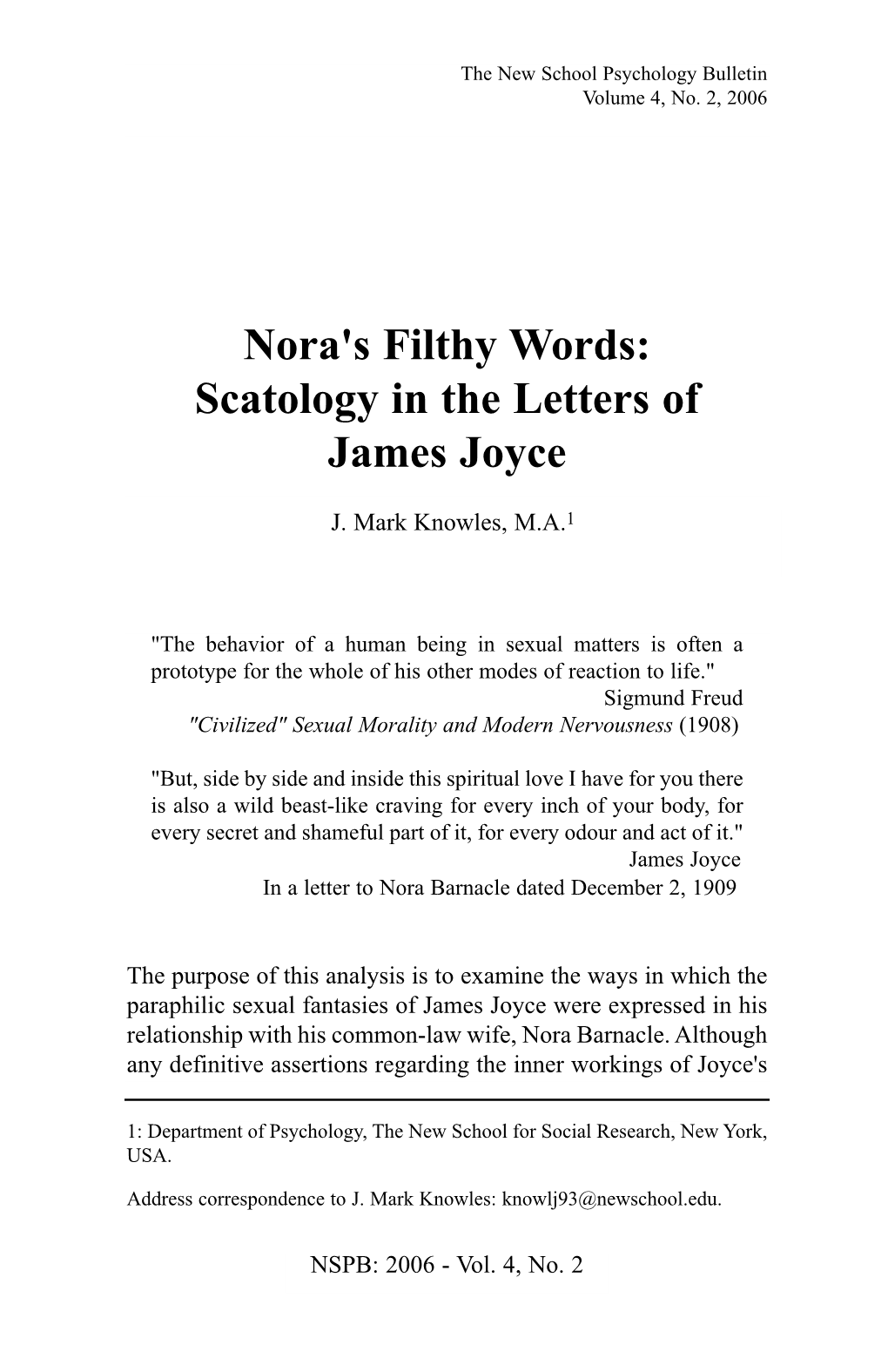 Nora's Filthy Words: Scatology in the Letters of James Joyce