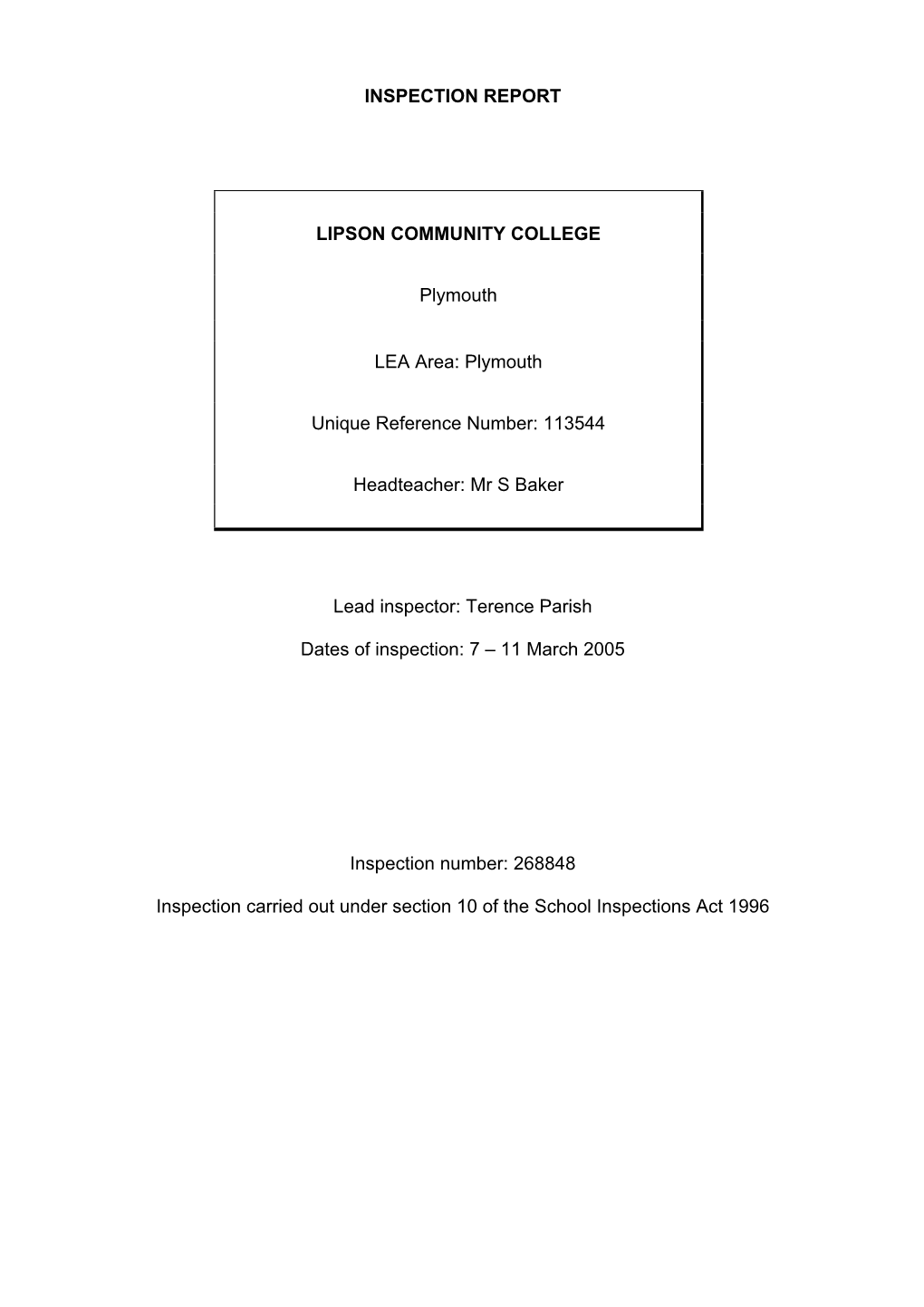 INSPECTION REPORT LIPSON COMMUNITY COLLEGE Plymouth LEA Area