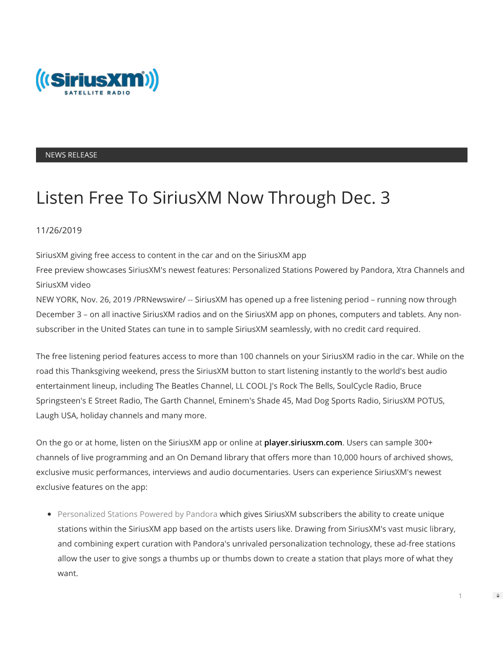 Listen Free to Siriusxm Now Through Dec. 3