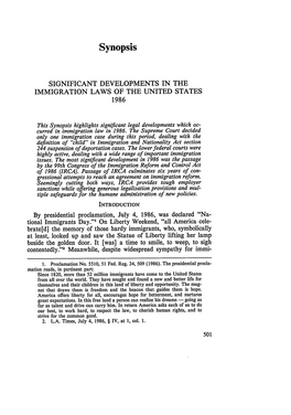 Significant Developments in the Immigration Laws of the United States 1986