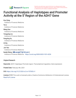 Functional Analysis of Haplotypes and Promoter Activity at the 5' Region of the ADH7 Gene