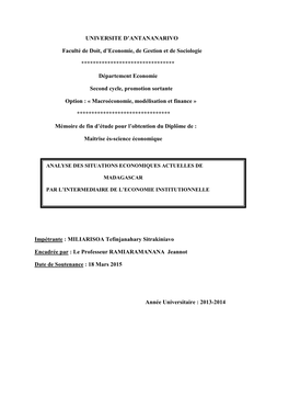 UNIVERSITE D'antananarivo Faculté De Doit, D'economie, De