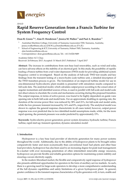 Rapid Reserve Generation from a Francis Turbine for System Frequency Control