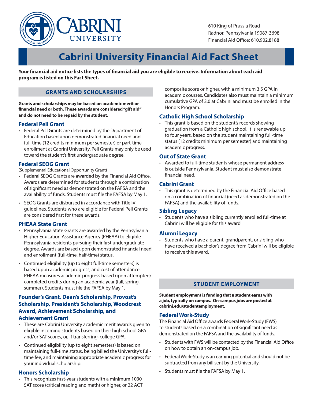 Cabrini University Financial Aid Fact Sheet