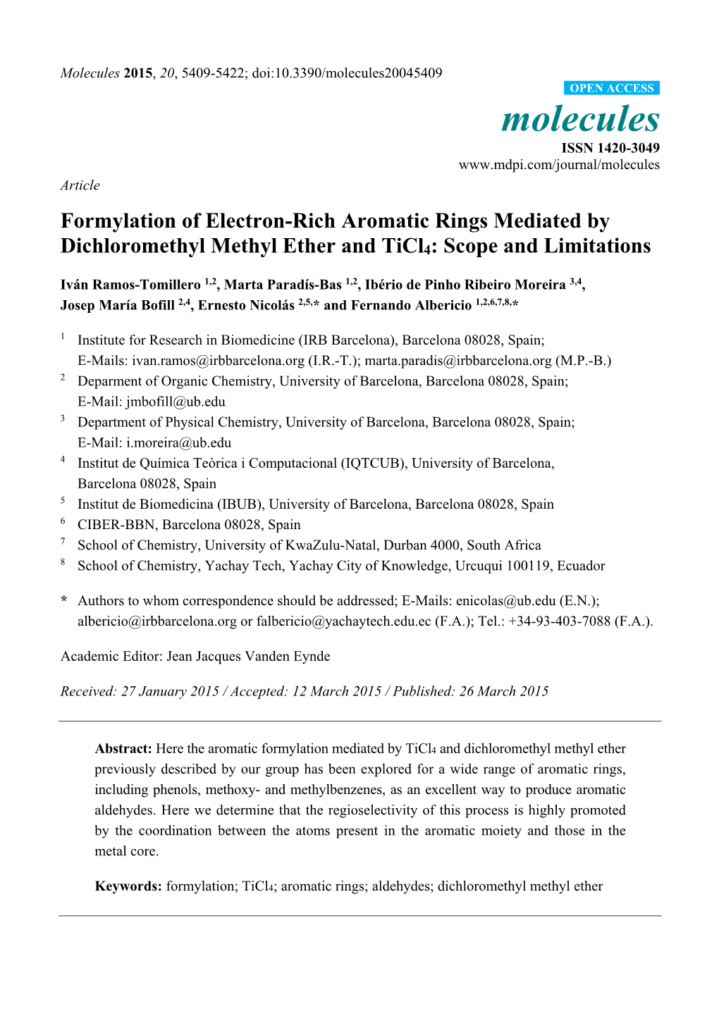 Formylation of Electron-Rich Aromatic Rings Mediated by Dichloromethyl Methyl Ether and Ticl4: Scope and Limitations