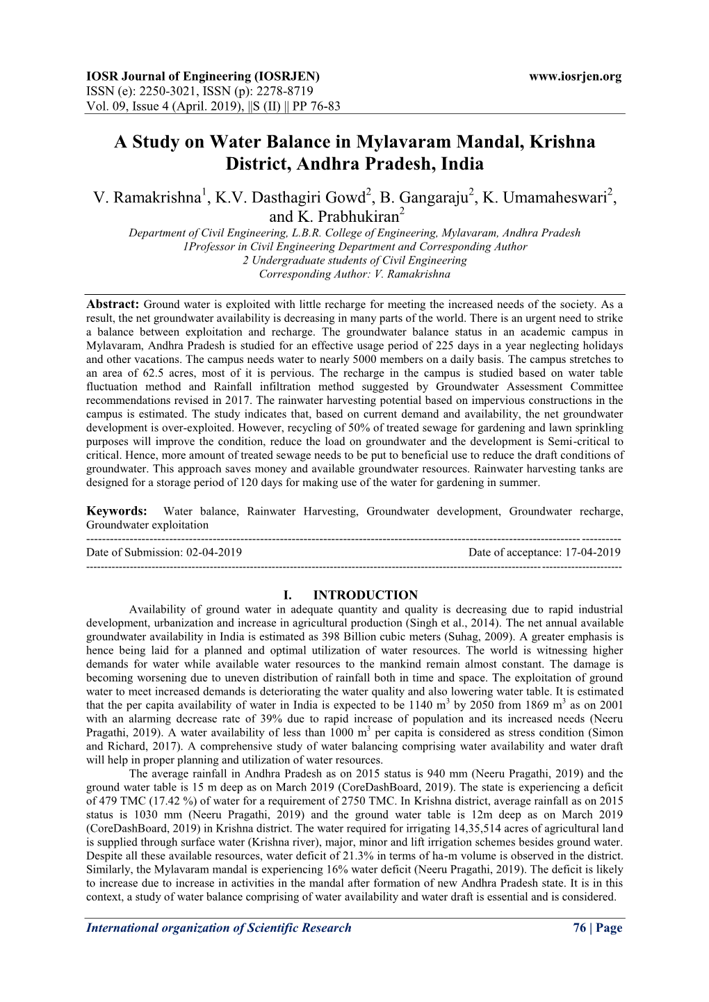 A Study on Water Balance in Mylavaram Mandal, Krishna District, Andhra Pradesh, India